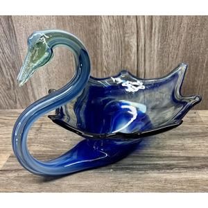 Vintage 12” Swan Art Glass Hand Blown Cobalt Blue/Clear Glass Bowl